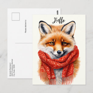 Schattige Vos in een Rode Sjaal Herfst Afbeelding Briefkaart