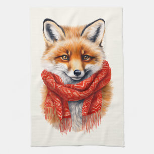 Schattige vos met een rode sjaal herfst afbeelding theedoek