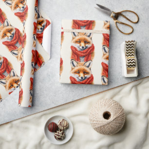 Schattige vos met een rode sjaal herfstpatroon cadeaupapier