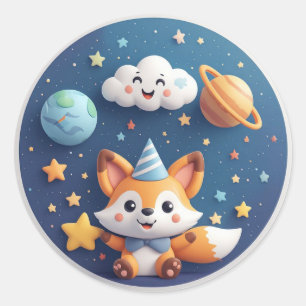 Schattige vos op een lachende wolk met planeten en ronde sticker