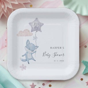 Schattige Vos Vliegende Ballon Jongen Baby Shower  Papieren Bordje