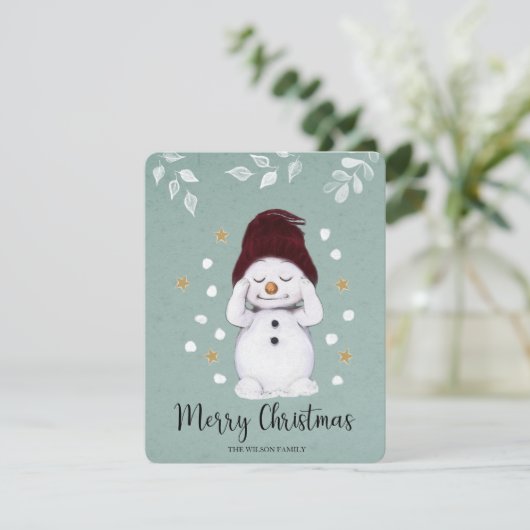 Schattige Vreedzame Sneeuwman Winter Blauwe Kerstm Feestdagenkaart (Staand voorkant)