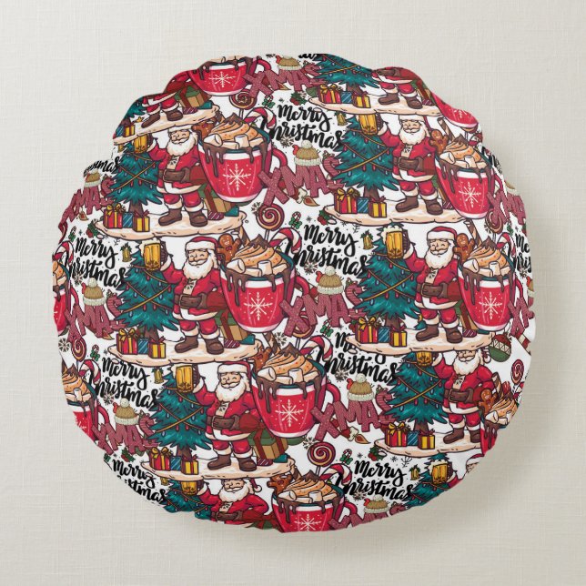 Schattige vrolijk kerstfeest – feestelijk rond kussen (Voorkant)