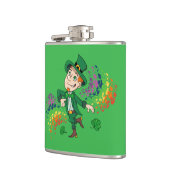 Schattige vrolijk lachende dansende kabouter, een  heupfles (Links)