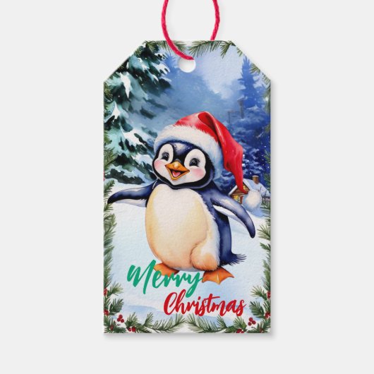 schattige Vrolijke Kerst Witte Winter Pinguïn Cadeaulabel (Voorkant)