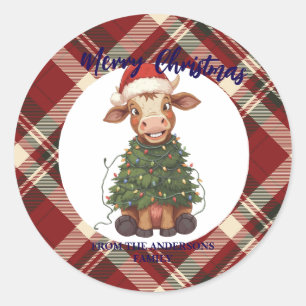 Schattige vrolijke Koe Kerstboom kalf os Xmas geru Ronde Sticker