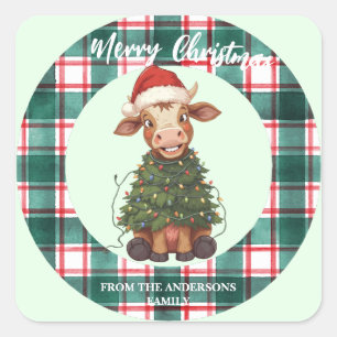 Schattige vrolijke Koe Kerstboom kalf os Xmas geru Vierkante Sticker