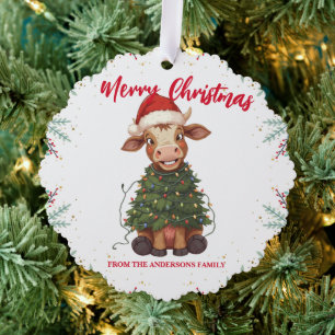 Schattige vrolijke Koe Kerstboom kalf os Xmas patr Ornament Kaart