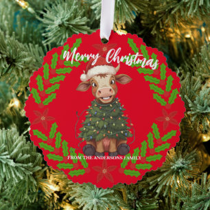 Schattige vrolijke Koe Kerstboom kalf os Xmas patr Ornament Kaart