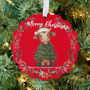 Schattige vrolijke Koe Kerstboom kalf os Xmas patr Ornament Kaart