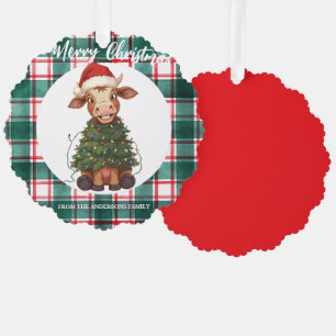 Schattige vrolijke Koe Kerstboom kalf os Xmas ruit Ornament Kaart