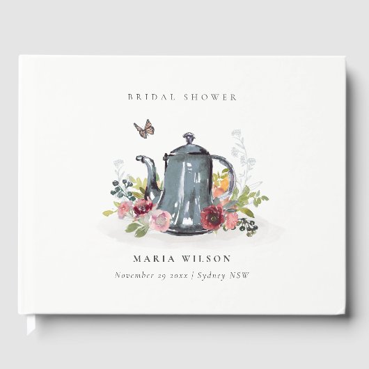 Schattige vrolijke rozen bloemige theepot bruidsdo gastenboek (Voorkant)