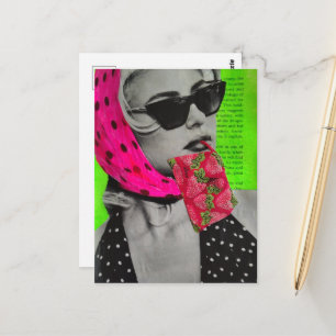 Schattige vrouw met aardbei tas collage briefkaart