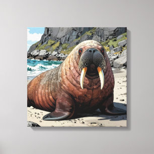 Schattige Walrus op een Zandstrand Canvas Afdruk