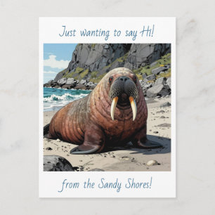 Schattige Walrus op een Zandstrand Groeten Briefkaart