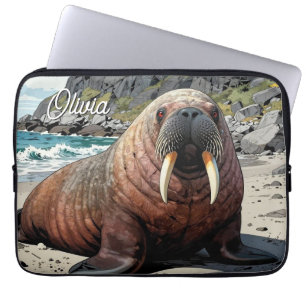 Schattige Walrus op een Zandstrand Laptop Sleeve