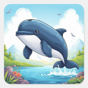 Schattige walvis die springt voor oceaanliefhebber vierkante sticker