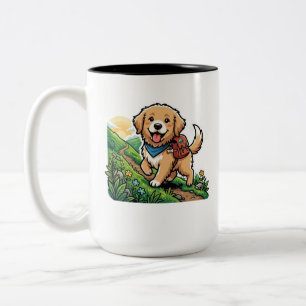Schattige Wandelende Goud Retriever Puppy Avontuur Tweekleurige Koffiemok