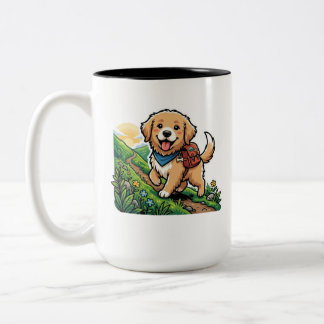 Schattige Wandelende Goud Retriever Puppy Avontuur Tweekleurige Koffiemok