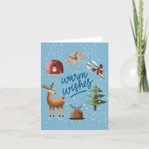 Schattige warme wensen besneeuwde kerstkaart feestdagen kaart