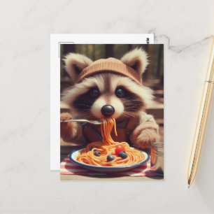 Schattige Wasbeer Eet Spaghetti Briefkaart