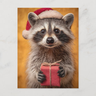 Schattige Wasbeer in een Santa Hat Met een Cadeau Feestdagenkaart