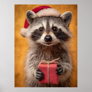 Schattige Wasbeer in een Santa Hat Met een Cadeau Poster