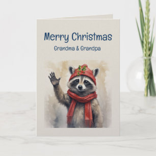 Schattige Wasbeer Pret Dier Oma en Opa Kerstmis Kaart