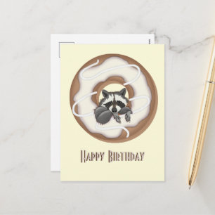 Schattige wasbeer Zoete donut Gelukkige verjaardag Feestdagenkaart