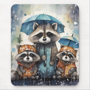 Schattige wasberen in de regen muismat