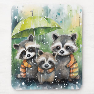 Schattige wasberen in de regen muismat