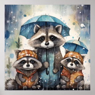 Schattige wasberen in de regen poster