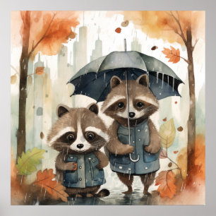 Schattige wasberen in de regen poster