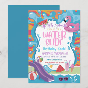Schattige Water Slide Pool Kids Verjaardagsfeest Kaart