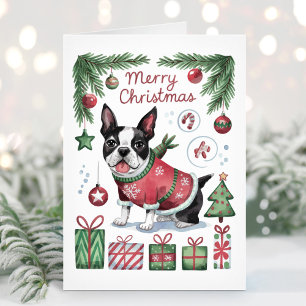 Schattige Watercolor Boston Terrier Kerstkaart Feestdagen Kaart