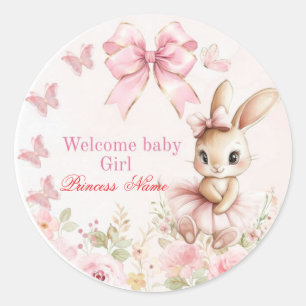 Schattige Watercolor Konijn Roze Strik Welkom Baby Ronde Sticker