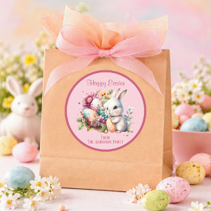 Schattige Watercolor Paashaas Roze Ronde Sticker