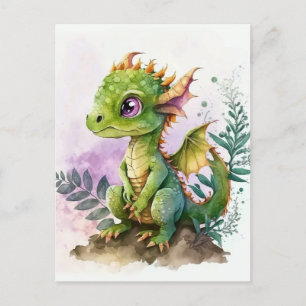 Schattige Waterverf Baby Draak met Paarse ogen Briefkaart