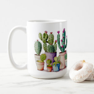 Schattige waterverf cactussen succulenten in potte koffiemok