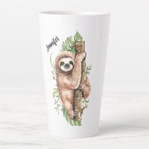 Schattige waterverf luiaard en tropische bladeren latte mok