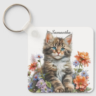 Schattige Waterverf Maine Coon Kitten Sleutelhanger