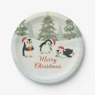 Schattige Waterverf Pinguïn Kerstmis Bos Papieren Bordje