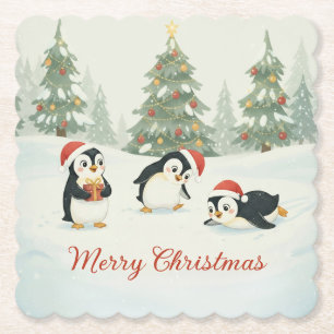 Schattige Waterverf Pinguïns Kerstbos Kartonnen Onderzetters