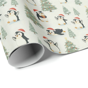 Schattige Waterverf Pinguïns Kerstmis Bos Vakantie Cadeaupapier