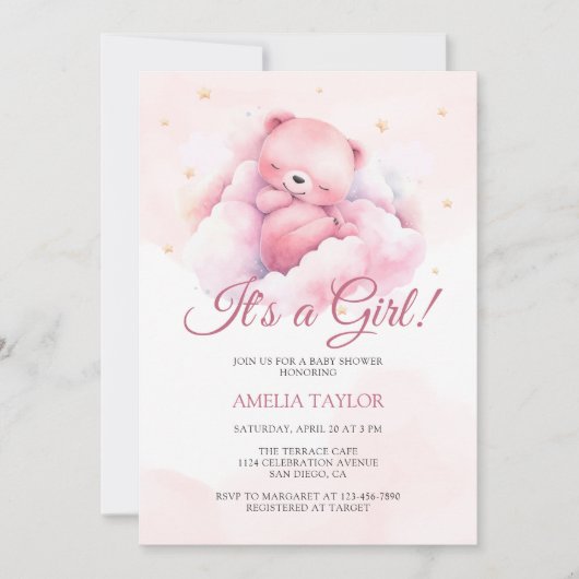 Schattige Waterverf Roze Beer Het is een Meisje Ba Kaart (Voorkant)