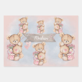 Schattige Waterverf Roze Teddy Bears en Flowers Inpakpapier Vel