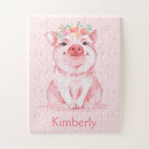 Schattige Waterverf Roze Varken met Naam Legpuzzel