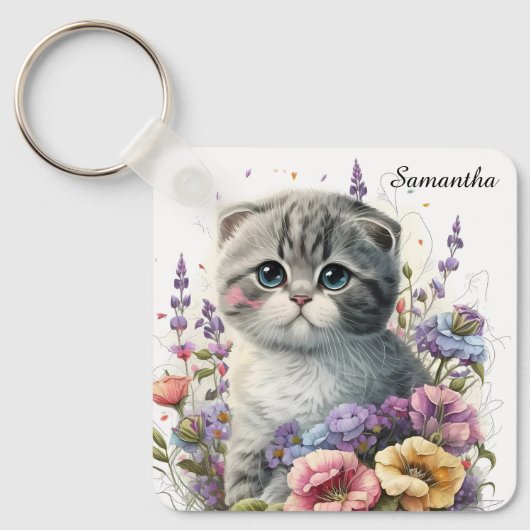 Schattige Waterverf Schotse Fold Kitten Sleutelhanger (Voorkant)