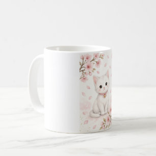 Schattige waterverf witte kat met kersenbloesem koffiemok