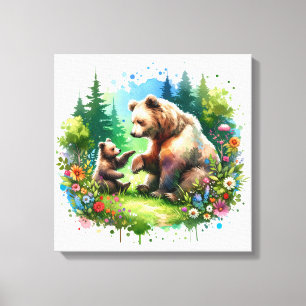 Schattige waterverfbeer en welp canvas afdruk